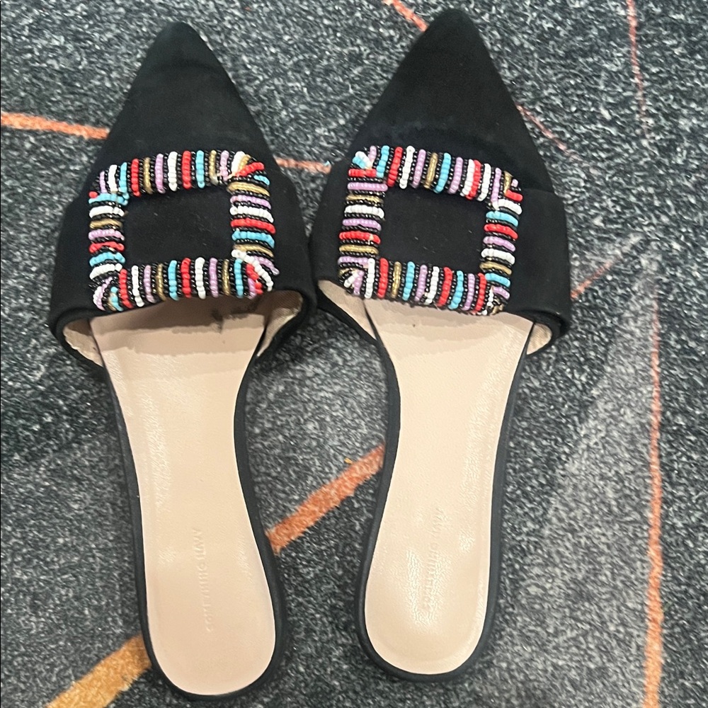 Black Beaded Buckle Pointed Toe Slide Flats